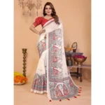 Women's Linen Cotton Printed Saree With Unstitched Blouse 5.5Mtr (Off White) - Image 2