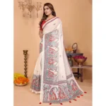 Women's Linen Cotton Printed Saree With Unstitched Blouse 5.5Mtr (Off White) - Image 4