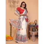 Women's Linen Cotton Printed Saree With Unstitched Blouse 5.5Mtr (Off White) - Image 3