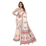 Women's Linen Cotton Printed Saree With Unstitched Blouse 5.5Mtr (Off White) - Image 6