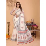 Women's Linen Cotton Printed Saree With Unstitched Blouse 5.5Mtr (Off White) - Image 2