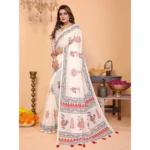 Women's Linen Cotton Printed Saree With Unstitched Blouse 5.5Mtr (Off White) - Image 5