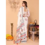 Women's Linen Cotton Printed Saree With Unstitched Blouse 5.5Mtr (Off White) - Image 4