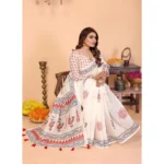 Women's Linen Cotton Printed Saree With Unstitched Blouse 5.5Mtr (Off White) - Image 3