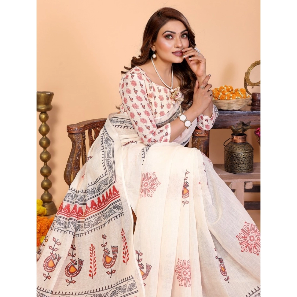 66228-5-1000x1000-1.webp Women's Linen Cotton Printed Saree With Unstitched Blouse 5.5Mtr (Off White) - Image 1