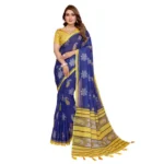 Women's Linen Cotton Printed Saree With Unstitched Blouse 5.5Mtr (Blue) - Image 6