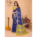 Women's Linen Cotton Printed Saree With Unstitched Blouse 5.5Mtr (Blue) - Image 2