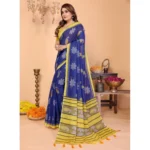 Women's Linen Cotton Printed Saree With Unstitched Blouse 5.5Mtr (Blue) - Image 5