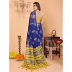 Women's Linen Cotton Printed Saree With Unstitched Blouse 5.5Mtr (Blue) - Image 4