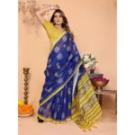 Women's Linen Cotton Printed Saree With Unstitched Blouse 5.5Mtr (Blue) - Image 3
