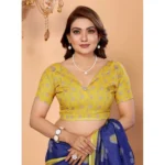 Women's Linen Cotton Printed Saree With Unstitched Blouse 5.5Mtr (Blue)