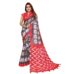 Women's Linen Cotton Printed Saree With Unstitched Blouse 5.5Mtr (Grey) - Image 6