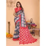 Women's Linen Cotton Printed Saree With Unstitched Blouse 5.5Mtr (Grey) - Image 2