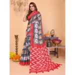 Women's Linen Cotton Printed Saree With Unstitched Blouse 5.5Mtr (Grey) - Image 5