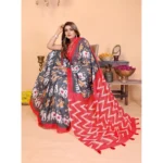 Women's Linen Cotton Printed Saree With Unstitched Blouse 5.5Mtr (Grey) - Image 3