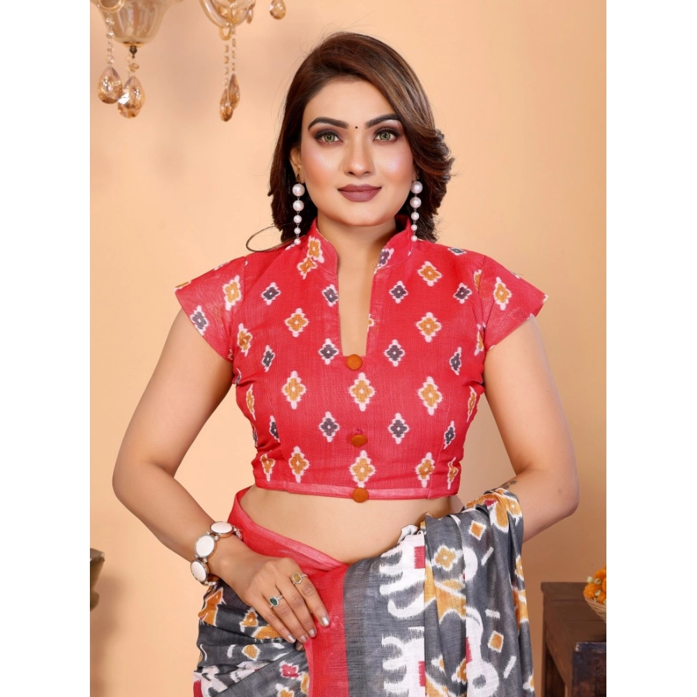 66230-5-1000x1000-1.webp Women's Linen Cotton Printed Saree With Unstitched Blouse 5.5Mtr (Grey) - Image 1