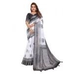 Women's Linen Cotton Printed Saree With Unstitched Blouse 5.5Mtr (White-Black) - Image 6