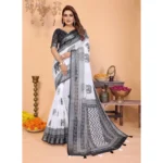 Women's Linen Cotton Printed Saree With Unstitched Blouse 5.5Mtr (White-Black) - Image 2