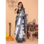 Women's Linen Cotton Printed Saree With Unstitched Blouse 5.5Mtr (White-Black) - Image 4