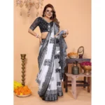 Women's Linen Cotton Printed Saree With Unstitched Blouse 5.5Mtr (White-Black) - Image 3