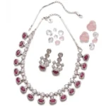 Women's Brass Silver Plated Necklace set (Pink) - Image 4