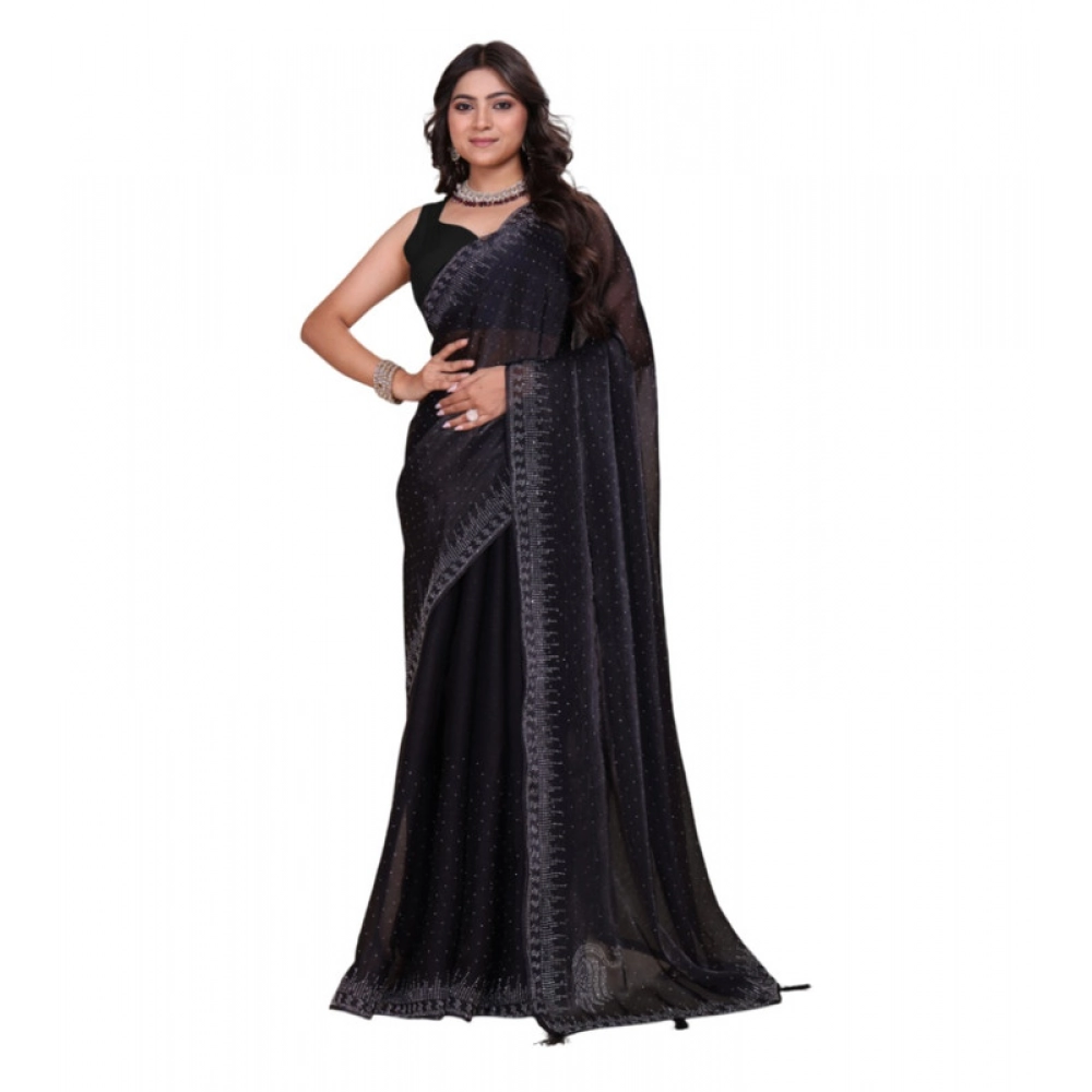 BSB178-SAZYYYmych-3-Blk-Main-1000x1000-1.webp Women's Jimmy choo Embellished Bollywood Saree With Unstitched Blouse 5.5Mtr (Black) - Image 1