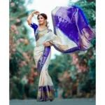 Women's Litchi silk Printed Saree With Unstitched Blouse (Off White) - Image 4