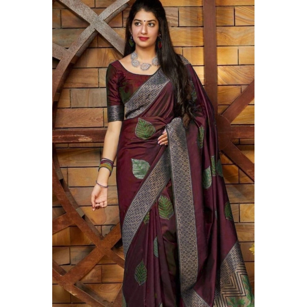 BSB233-SASYYYH-4027-MAROON-Main-1000x1000-1.webp Women's Litchi silk Printed Saree With Unstitched Blouse (Maroon) - Image 1