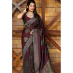 Women's Litchi silk Printed Saree With Unstitched Blouse (Maroon) - Image 2