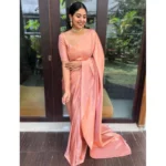 Women's Litchi silk Printed Saree With Unstitched Blouse (Peach) - Image 3