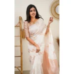 Women's Litchi silk Printed Saree With Unstitched Blouse (White) - Image 2