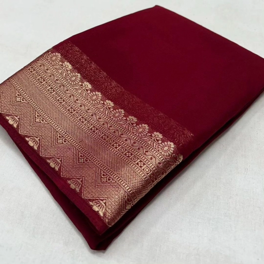 BSB98-SANW1006-Main-1000x1000-1.webp Women's Crepe Chit Pallu Solid Saree With Unstitched Blouse 5.5Mtr (Maroon) - Image 1
