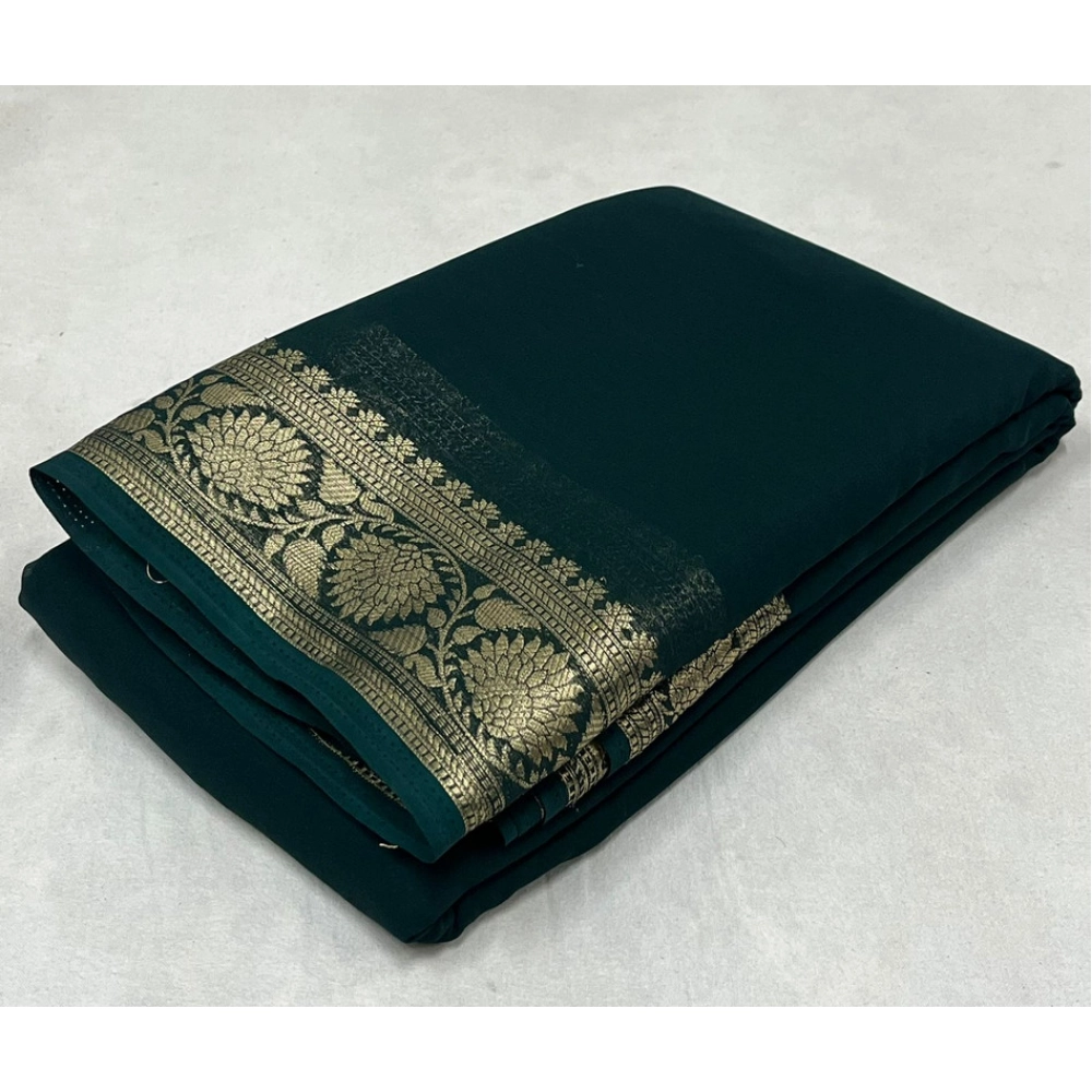 BSB98-SANW1013-Main-1000x1000-1.webp Women's Crepe Chit Pallu Solid Saree With Unstitched Blouse 5.5Mtr (Green) - Image 1