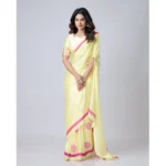Women's Soft Crepe Silk Printed Ready To Wear Saree With Unstitched Blouse 5.5Mtr (Light Yellow) - Image 4