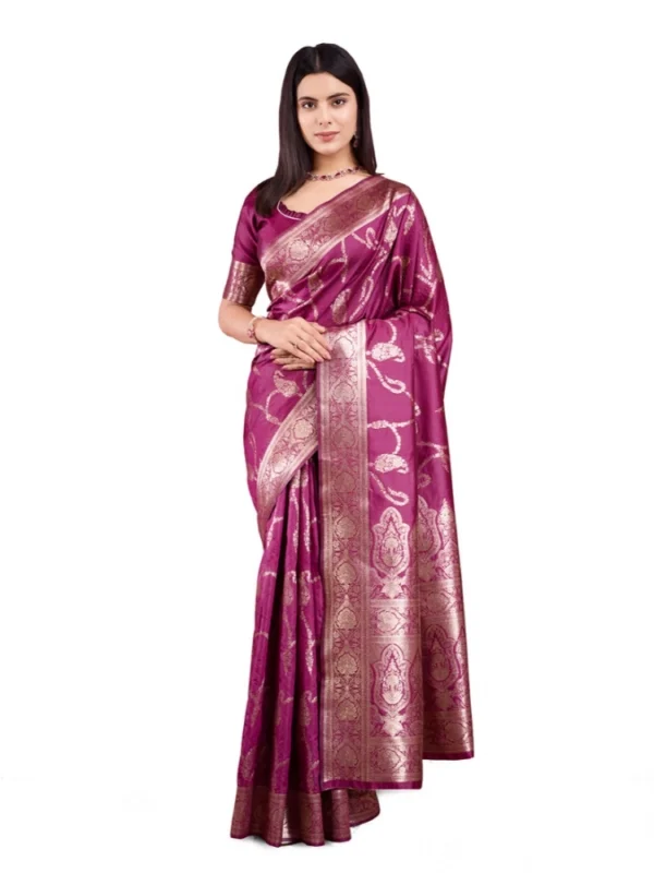 Women's Banarasi Silk Printed Saree With Unstitched Blouse 5.5Mtr (Wine)