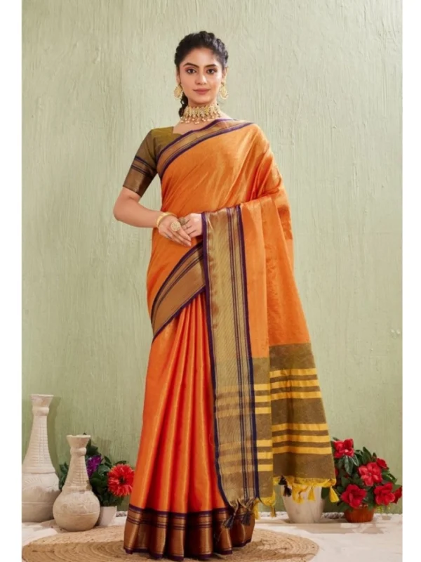 Women's Silk Blended Jaquard Woven Saree With Unstitched Blouse 5.5Mtr (Orange)