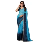 Women's Chiffon Embroidred Saree With Unstitched Blouse 5.5Mtr (Light Blue) - Image 2