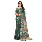 Women's Linen Printed Saree With Unstitched Blouse 5.5Mtr (Dark Green) - Image 2