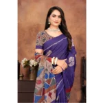 Women's Linen Printed Saree With Unstitched Blouse 5.5Mtr (Purple) - Image 3