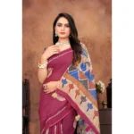 Women's Linen Printed Saree With Unstitched Blouse 5.5Mtr (Purple) - Image 3