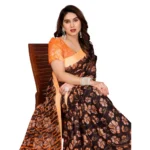 Women's Georgette Printed Saree With Unstitched Blouse 5.5Mtr (Brown) - Image 2