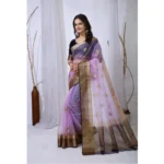 Women's Organza jacquard Embellished Saree With Unstitched Blouse 5.5Mtr (Purple) - Image 3