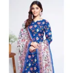 Women's Cotton Blend Printed Kurti With Pant Dupatta Set (Blue) - Image 3