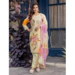 Women's Cotton Blend Printed Kurti With Pant Dupatta Set (Cream) - Image 5