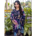 Women's Cotton Blend Printed Kurti With Pant Dupatta Set (NavyBlue) - Image 3
