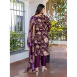 Women's Cotton Blend Printed Kurti With Pant Dupatta Set (Purple) - Image 2