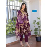 Women's Cotton Blend Printed Kurti With Pant Dupatta Set (Purple) - Image 5