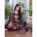 Women's Cotton Blend Printed Kurti With Pant Dupatta Set (Purple) - Image 4