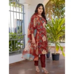 Women's Cotton Blend Printed Kurti With Pant Dupatta Set (Rust) - Image 3