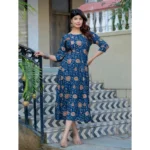 Women's Rayon Print With Embroidery Work A-Line Kurti (Navy Blue) - Image 4
